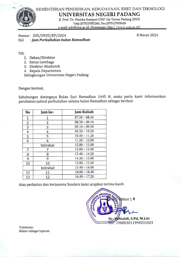 Jam Perkuliahan Selama Bulan Ramadhan 2024