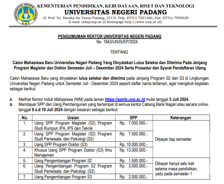 Calon Mahasiswa Baru Universitas Negeri Padang Yang Dinyatakan Lulus Seleksi dan Diterima Pada Jenjang Program Magister dan Doktor Semester Juli – Desember 2024 Serta Prosedur dan Syarat Pendaftaran Ulang